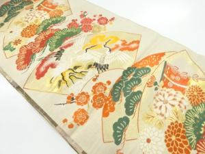 アンティーク　地紙に花鳥模様織出し丸帯地はぎれ